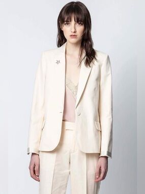 Zadig & Voltaire Victor Cream Single-Button Tailored Blazer 34 XSCotton Linen